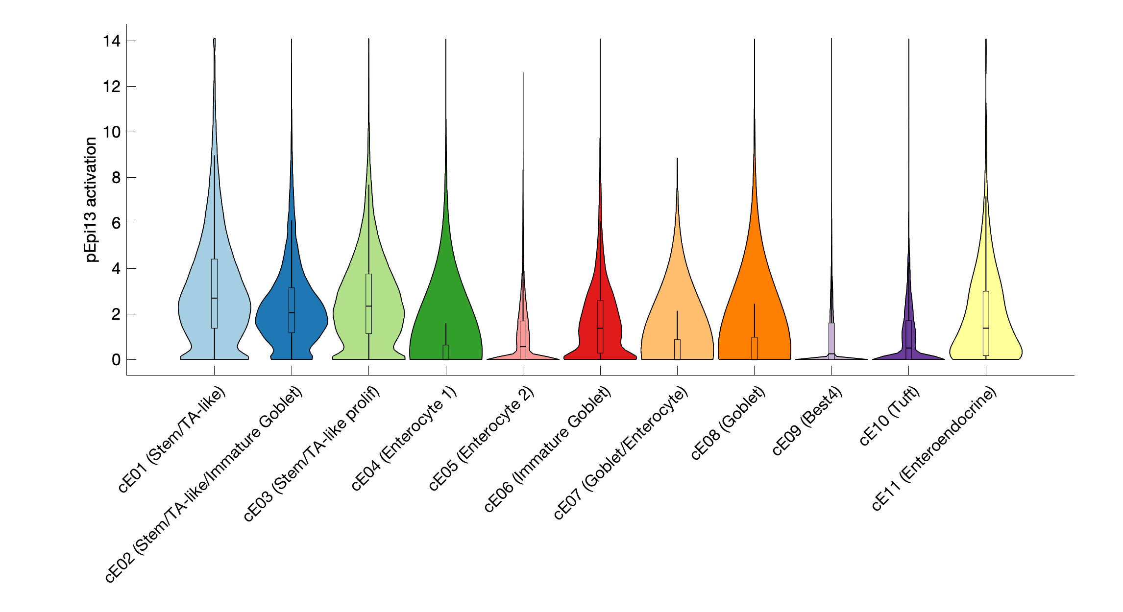 Gene program activation of pEpi13 by different cell subtypes