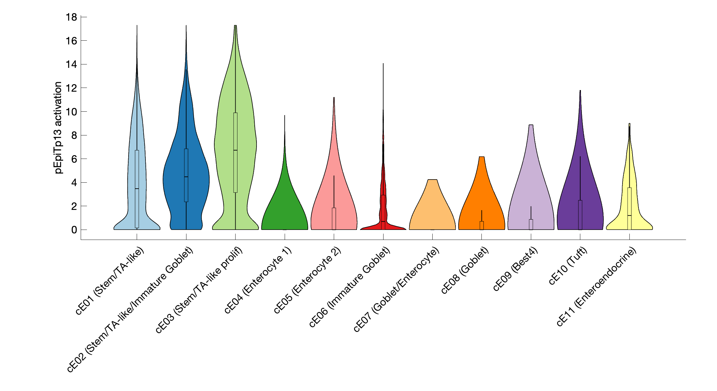 Gene program activation of pEpiTp13 by different cell subtypes